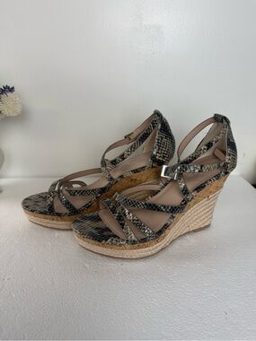 Charles David Black and Cream Snake-Print Espadrille Wedge Sandals